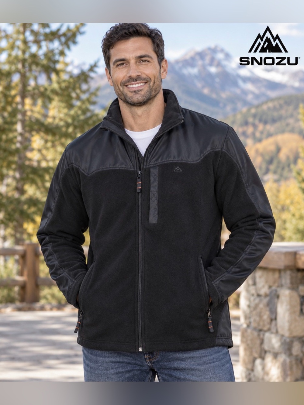 NWT Snozu Men's Black Full-Zip Hybrid Fleece Jacket